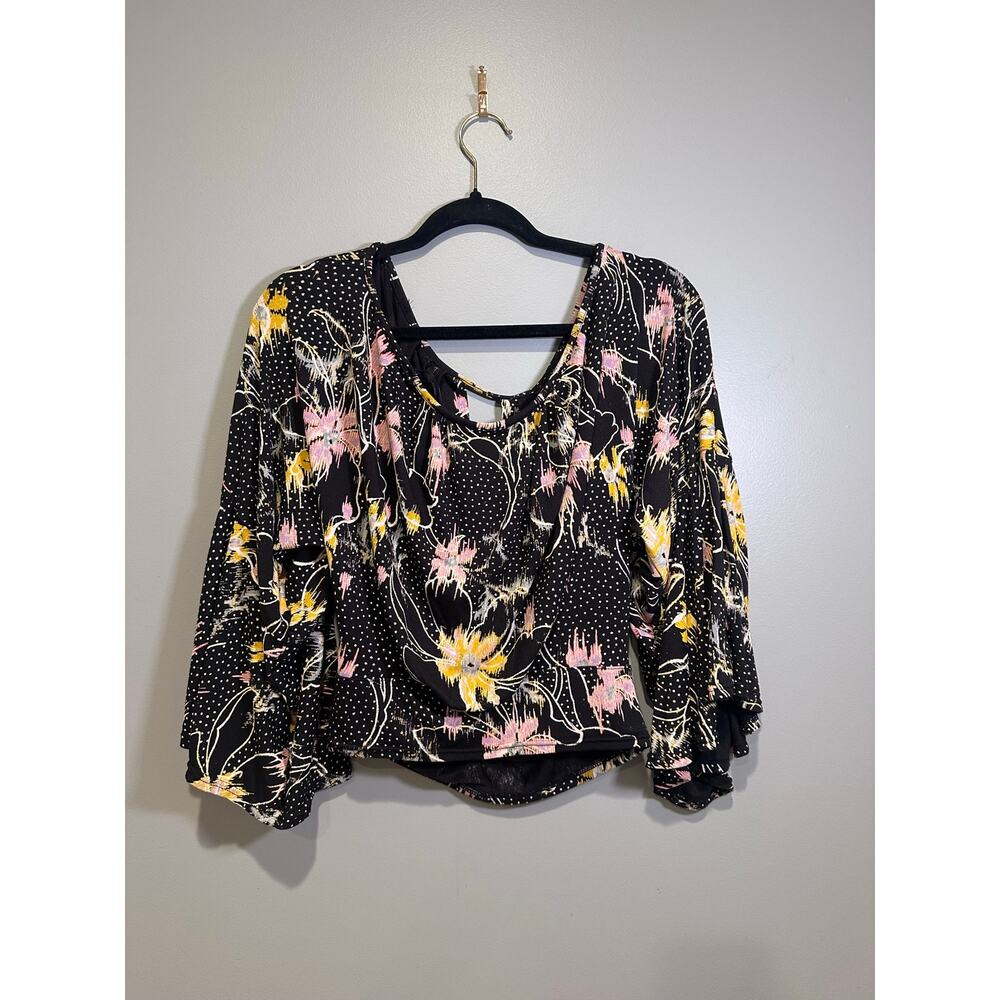Free People Last Time Draped Bell Sleeve Top Small Black Floral Boho - Picture 2 of 12